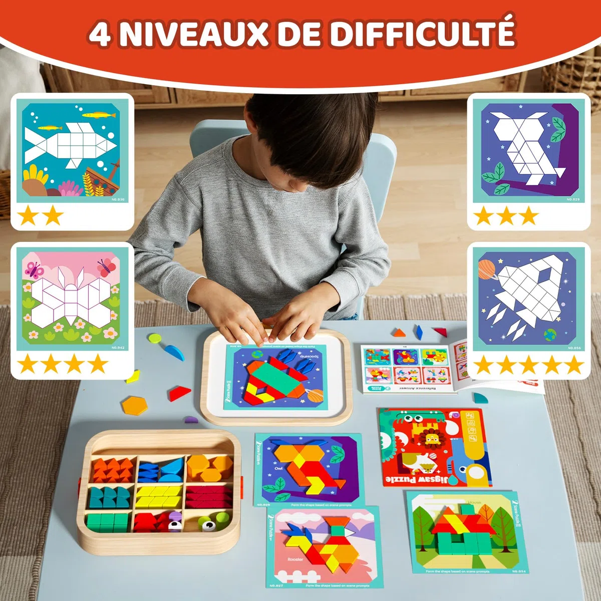 Jeu de Blocs magnétiques en Bois avec Cartes, 288 pièces, Puzzle Tangram Montessori, Jouet d'apprentissage pour Les Enfants de 3 à 5 Ans, Cadeau éducatif STEM pour garçons et Filles de 3 à 5.