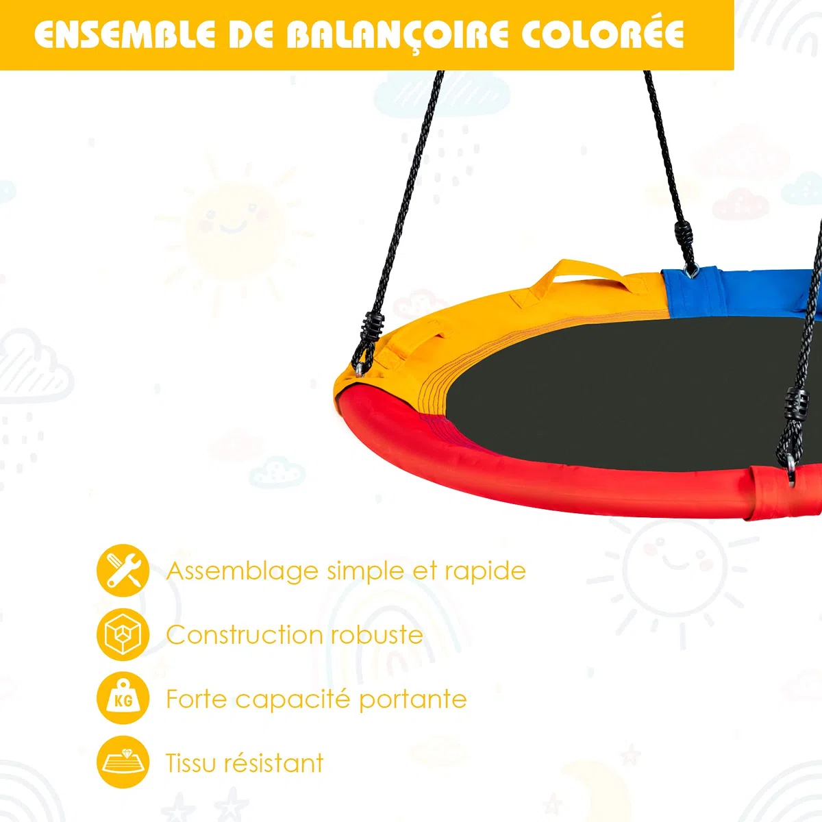 COSTWAY Balançoire Nid d'Oiseau Ø100 CM, Charge Max 150 KG, Balançoire Ronde pour Enfants et Adultes, Hauteur Réglable 100-180 CM, pour Jardin, Aire de Jeux (Coloré)