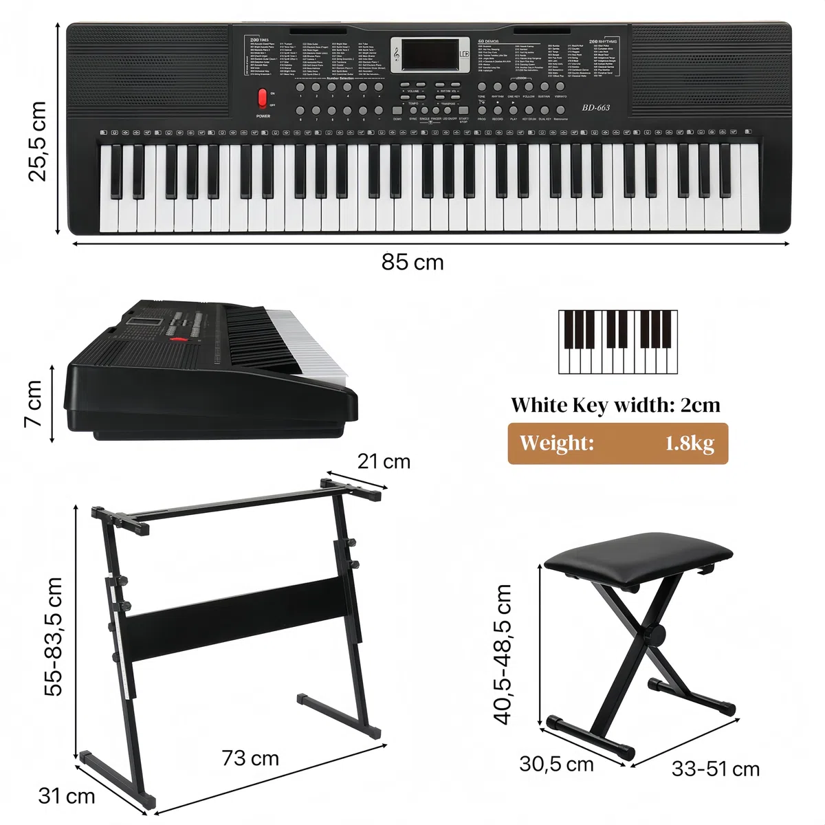 Bonnlo GEP-110S01 Piano Numérique 61 Touches, Clavier avec Support et Tabouret de Piano, Haut-Parleurs Intégrés, Casque, Microphone, Pupitre, écran LED, 3 Modes d'Apprentissage, Noir
