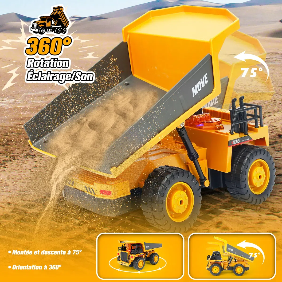 Camion-Benne Télécommandé avec 2 Batteries Chantier RC avec Benne Métallique, Lumières et Sons, Cadeau pour Enfants Garçons Filles de 3 4 5 6 7 8 Ans pour Intérieur et Extérieur