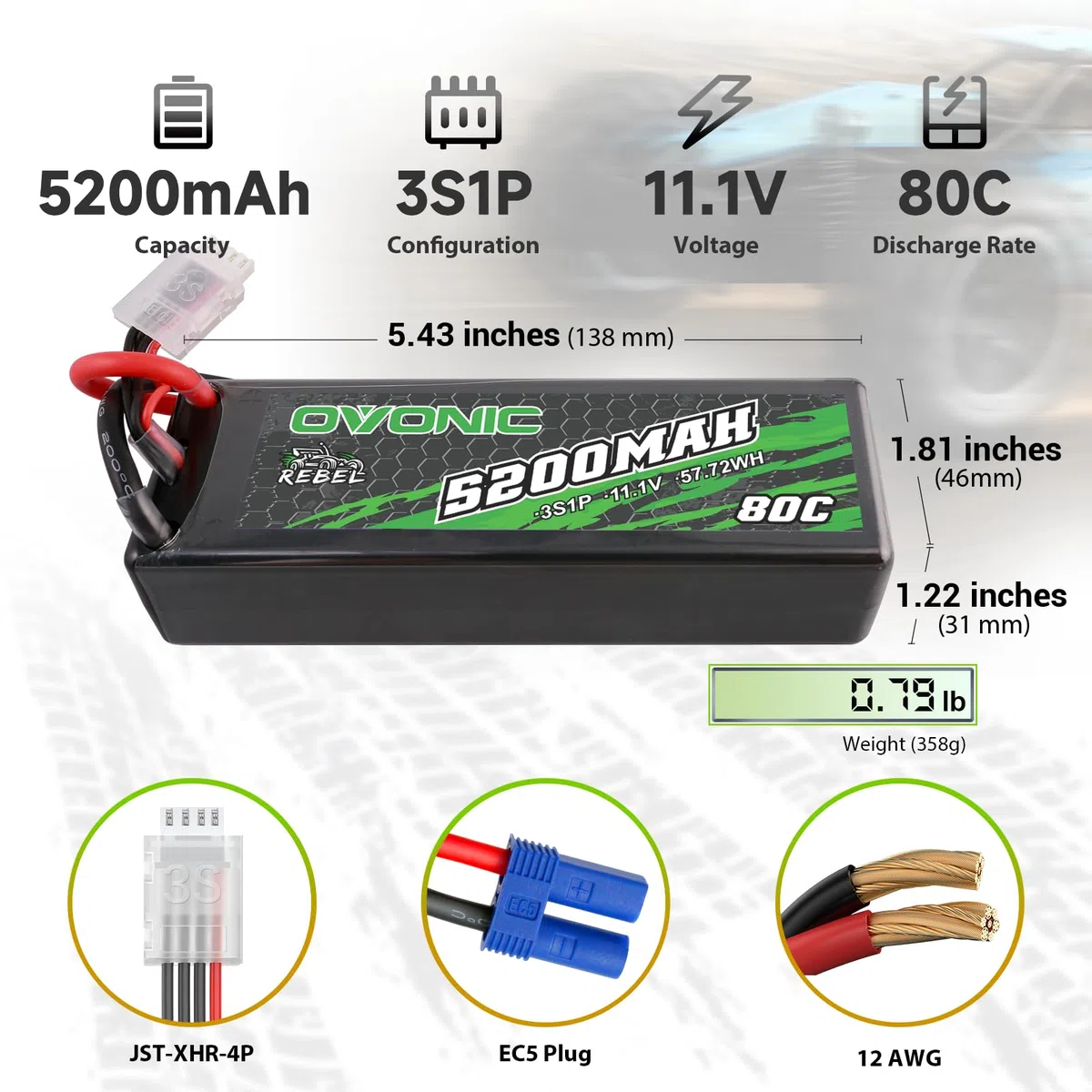 OVONIC Batterie Lipo RC 3S 80C 5200 mAh 11,1 V avec connecteur EC5 rigide pour voiture RC Monster Truck RC Truggy Buggy RC Truck Hobby (2 pièces)