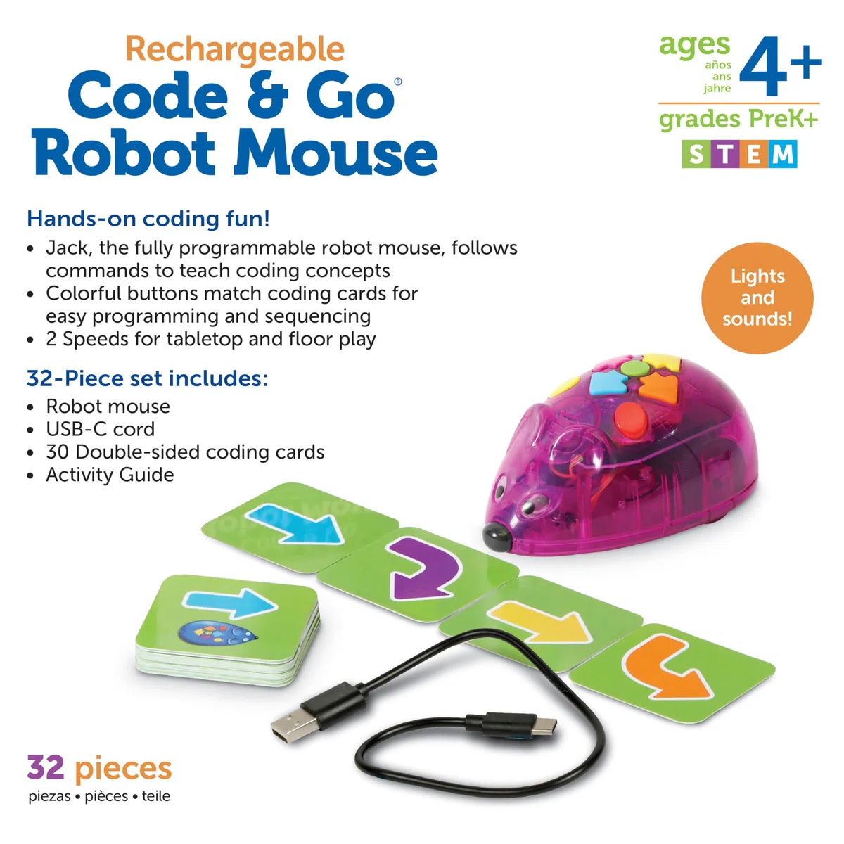 Learning Resources Code & Go Robot Souris Rechargeable, Jouets Mixte, Robot programmable interactif sans écran, dès 4 Ans