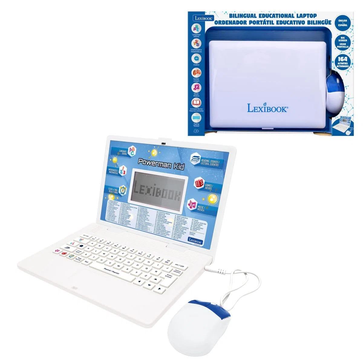 Lexibook, Ordinateur Portable éducatif bilingue, Anglais et Espagnol, 164 activités d'apprentissage, écran LCD, Clavier, Jeux Amusants et découverte, Bleu, JC601i2LXB