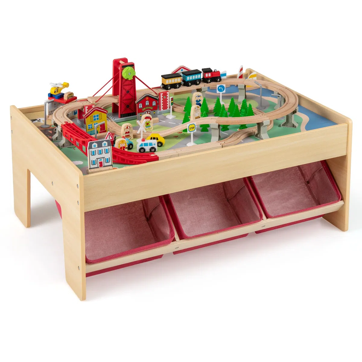 DREAMADE Table de Jeu avec Circuit de Train en Bois 94 Pièces, Table d'Activité Multifonction avec Plateaux Réversibles, 3 Paniers en Tissu Pliables, pour Enfants 3+ Ans