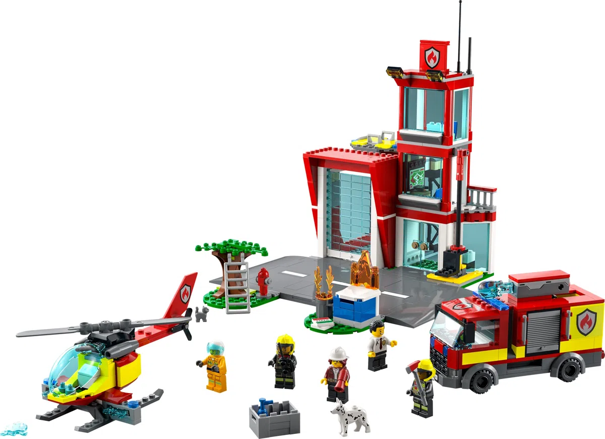 LEGO 60320 City Fire La Caserne des Pompiers, Set avec Garage, Jouet Camion et Hélicoptère pour Les Enfants dès 6 Ans