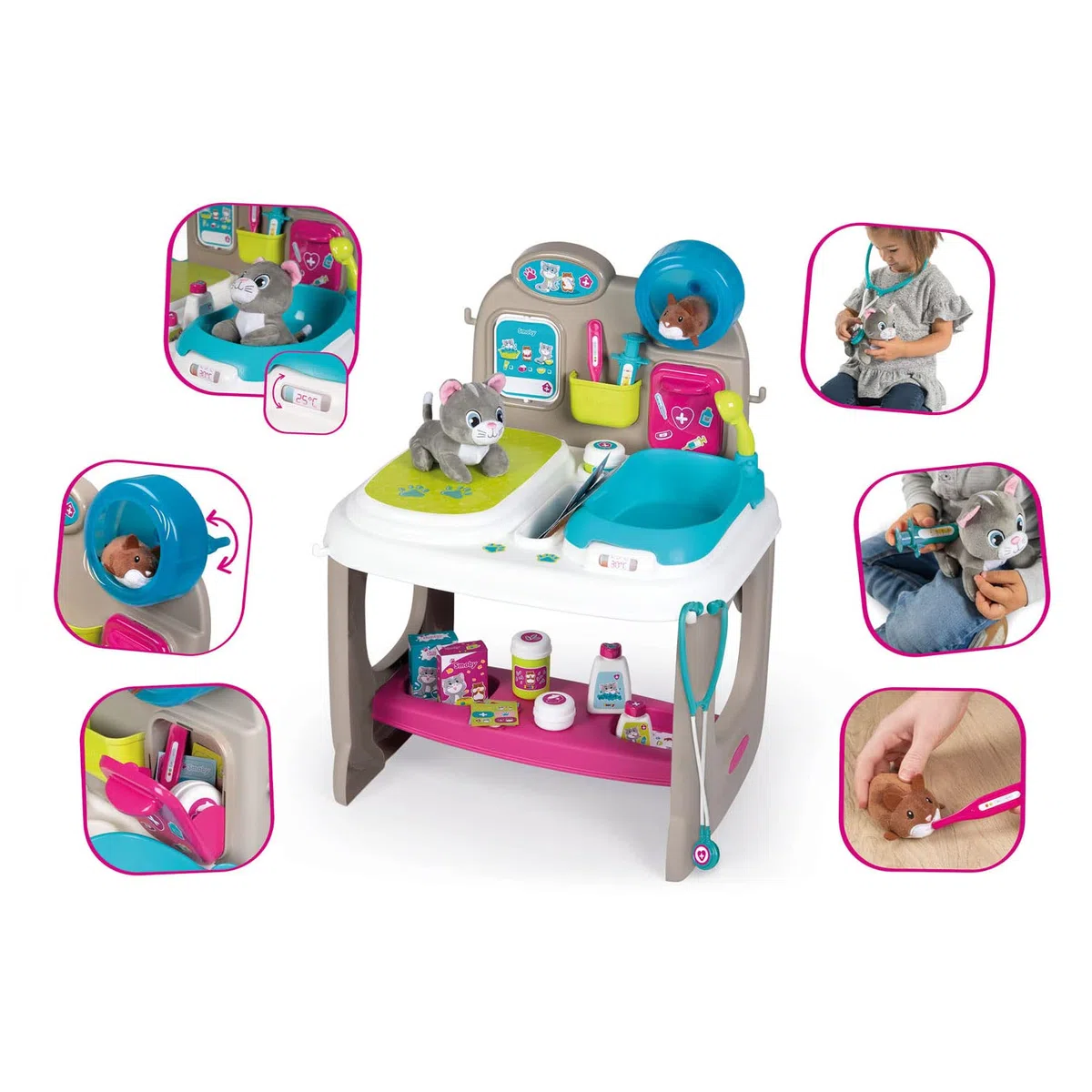 Smoby - Centre Vétérinaire - Clinique Animaux - Jouet pour Enfant - Peluches Chaton + Hamster Incluses - 18 Accessoires Médicaux - 340401