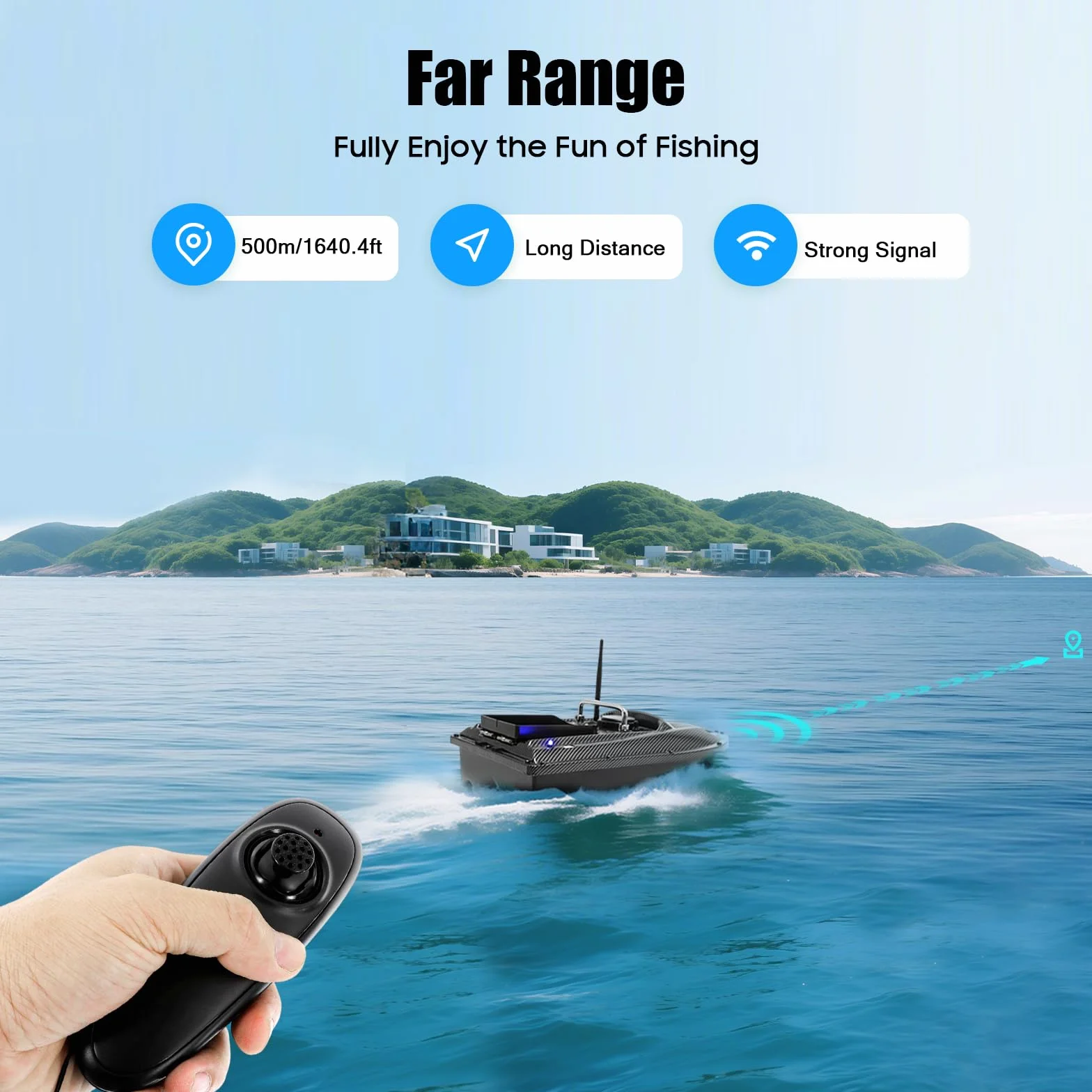 Bateau Amorceur Télécommandé 500m Bateau à Appât sans Fil pour Pêche Carpe Auto Cruise avec Batterie Grande Capacité Coque Profilée Résistant Vent et Vagues pour Lac et Étang