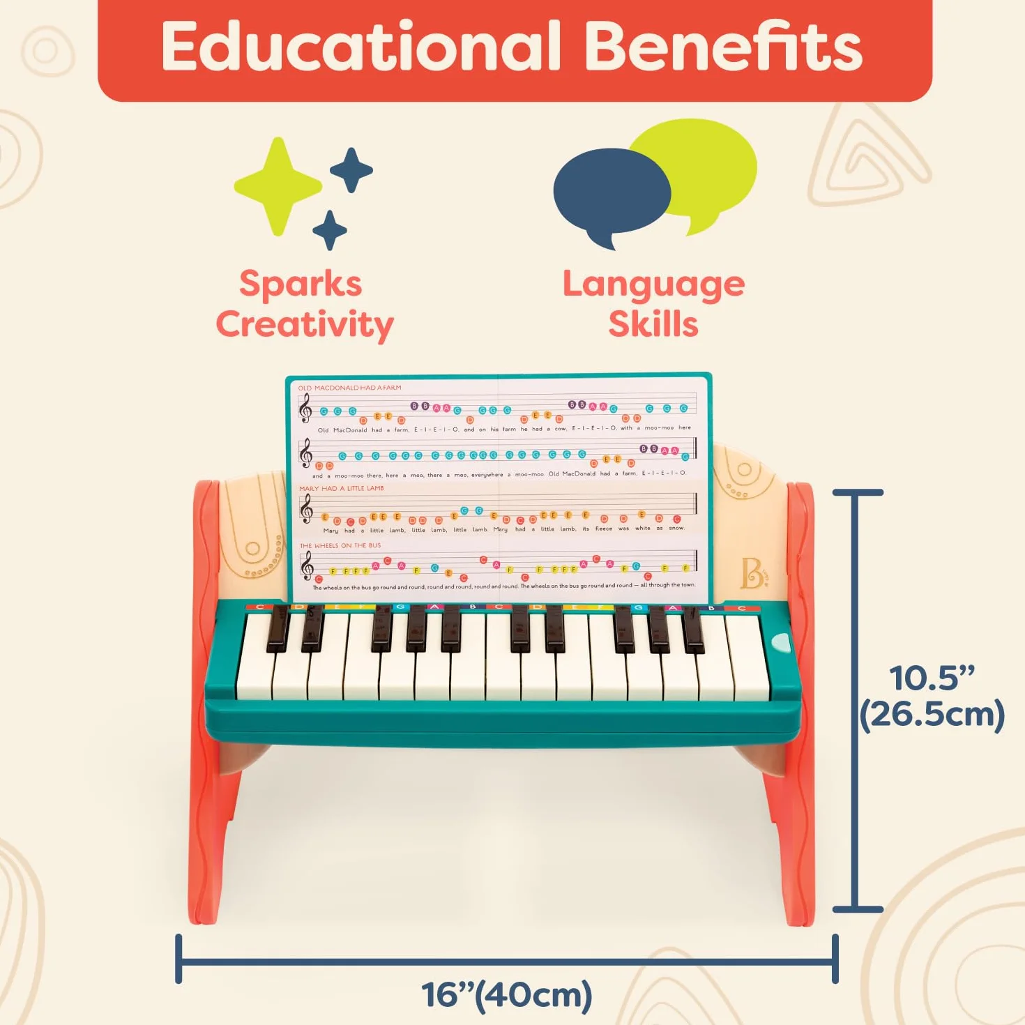 B. toys Jouet en Bois Mini Maestro avec Touches colorées, Plan, Lot de 1 | Livret de 6 compositions classiques inclus pour l’éveil musical et la créativité, Plan, Lot de 1, 3 ans et +