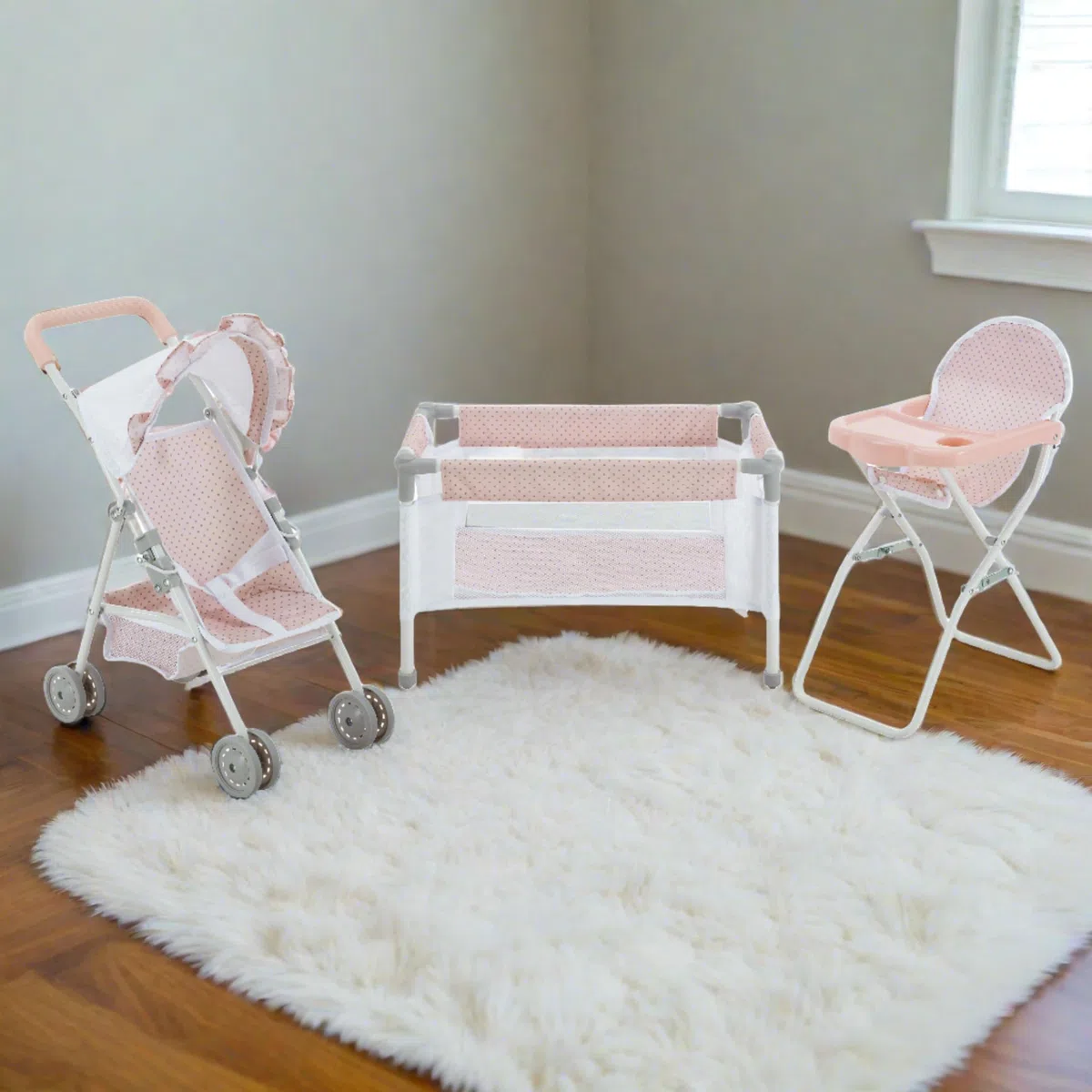 Olivia's Little World Station de Nurserie 3pcs Lit Bebe Chaise Haute et Poussette Rose Gris