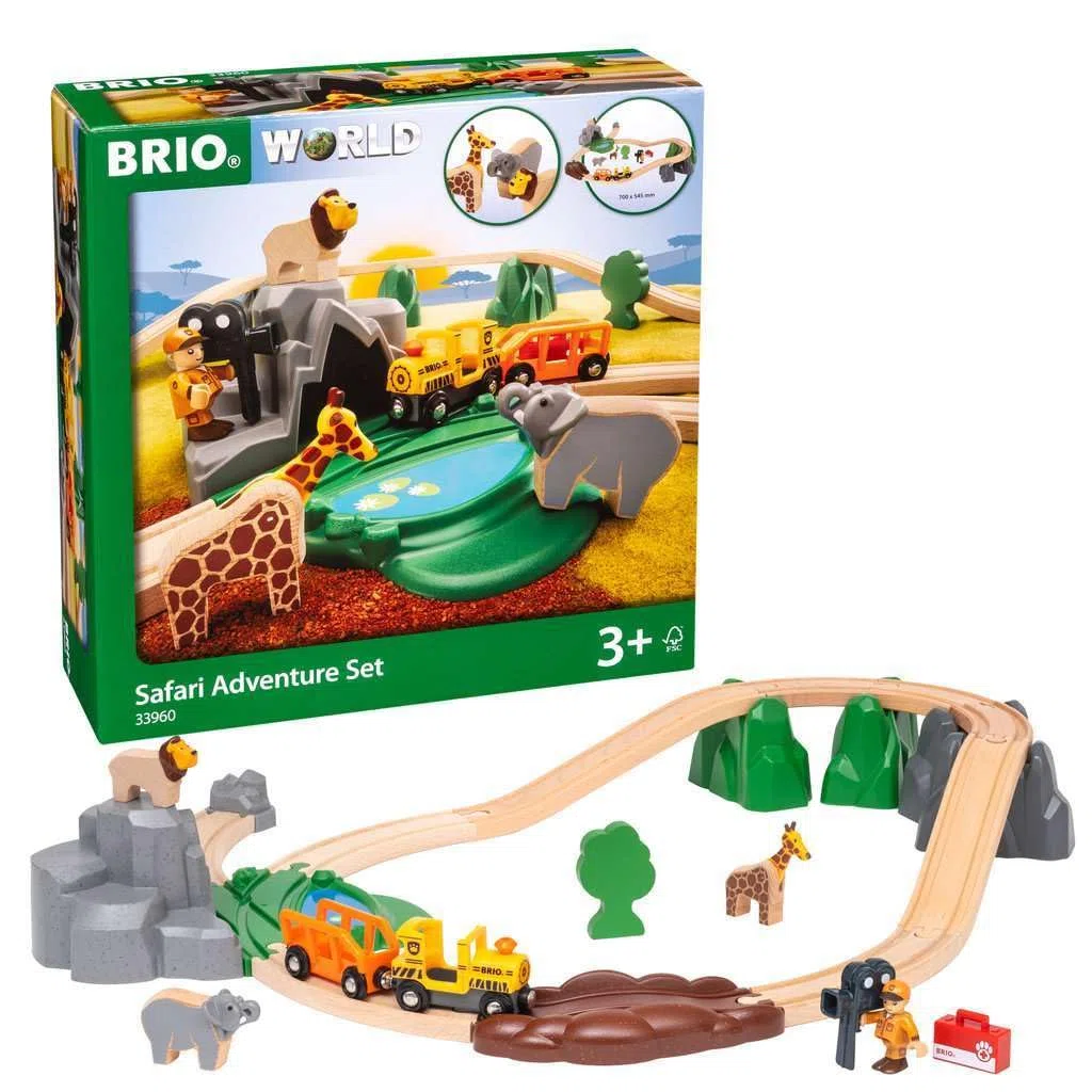 Brio World - 33960 - Circuit Reportage Safari - Coffret complet de 26 pièces avec animaux sauvages - Circuit de train en bois - Jouet mixte à partir de 3 ans