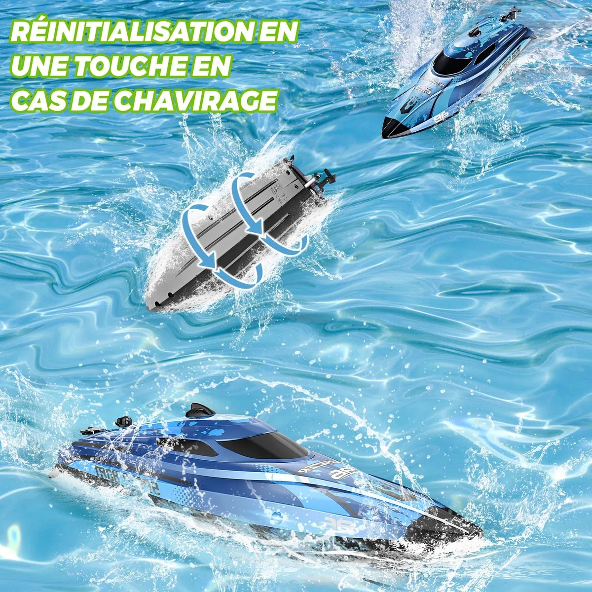 25 KM/H Bateau Télécommandé avec Lumière LED, 2,4 GHz Bateau Telecommandé Enfant, Bateaux Telecommande avec 2 Batteries pour 40 Minutes de Temps de Jeu, Cadeaux d'été pour Garçons et Filles (Bleu)