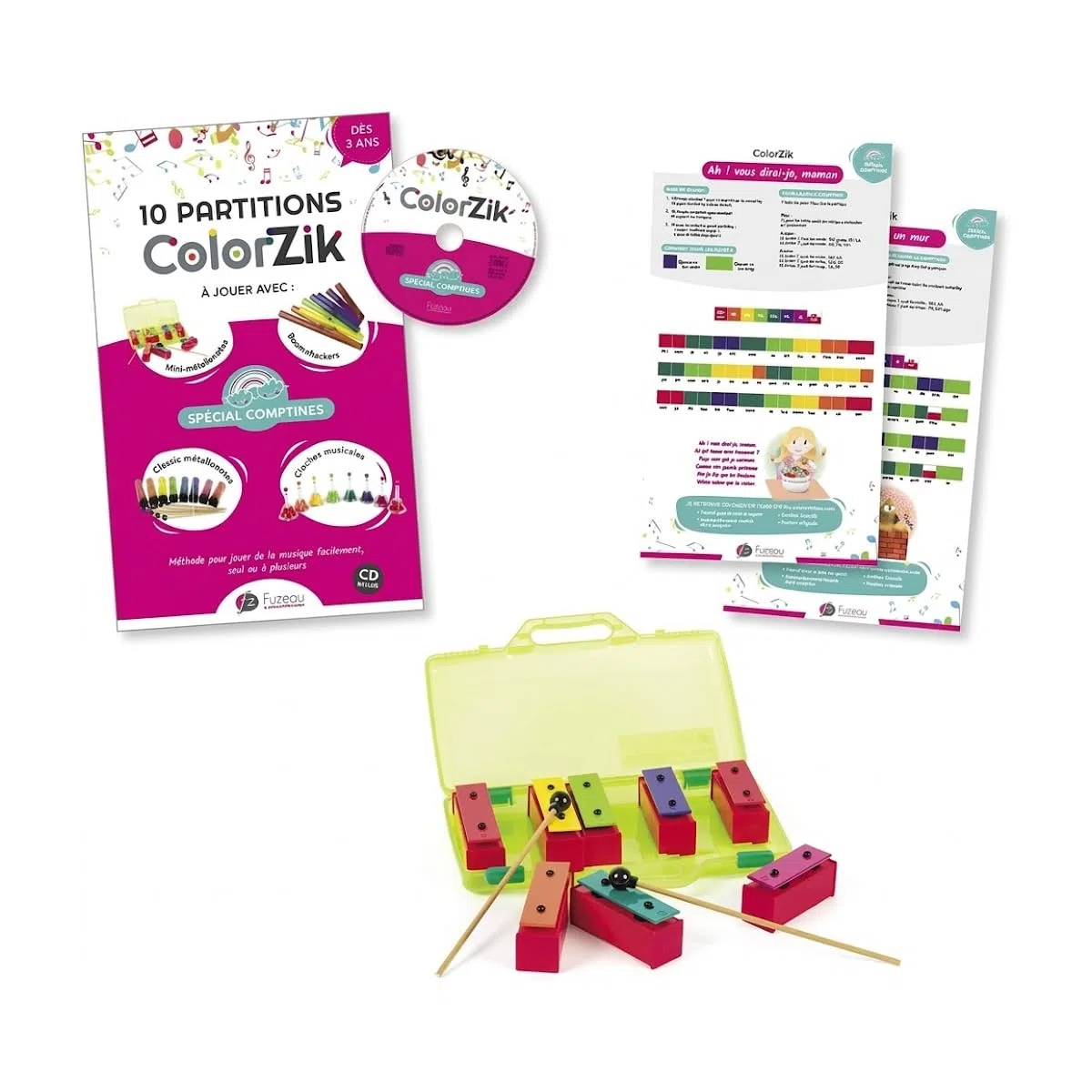 Fuzeau - Coffret ColorZik Comptines Avec Mini Métallonotes 8 Lames, Livre, CD, 10 Partitions XXL - Méthode Musicale Ludique Sans Solfège Pour Débutants - Jeu Éducatif Enfant Dès 3 Ans - Réf. 78233