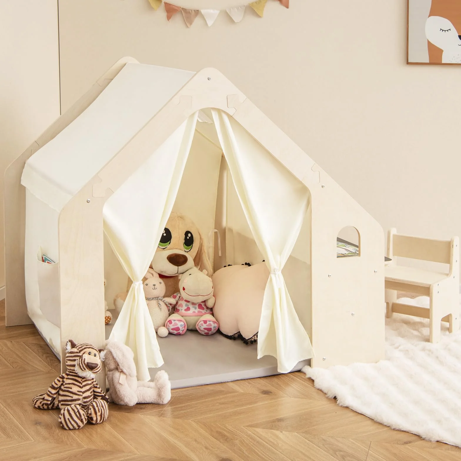 HOMASIS 6 en 1 Tente avec Table à Dessin & Chaise, Maison de Jeu en Bois Intérieur avec 1/6 Boîte de Rangement, Cabane Enfant avec Tapis pour Enfants 2-6 Ans (131x98x113cm)