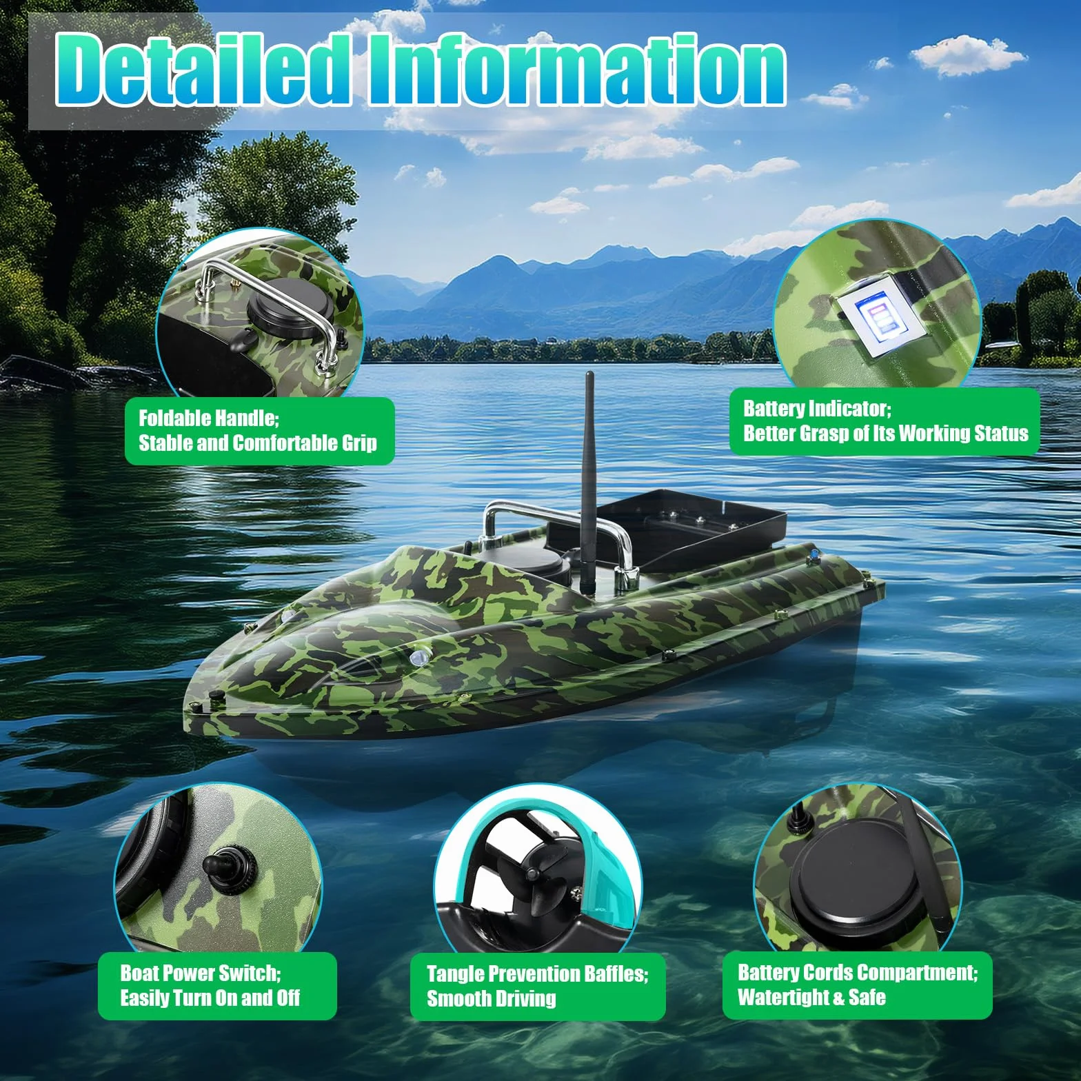 Bateau Amorceur,Bateau Amorceur 500M Bateau Leurre Pêche Auto Cruise Bateau Camouflage Batteries Grande Capacité Bateau Amorceur pour Rivière et Mer
