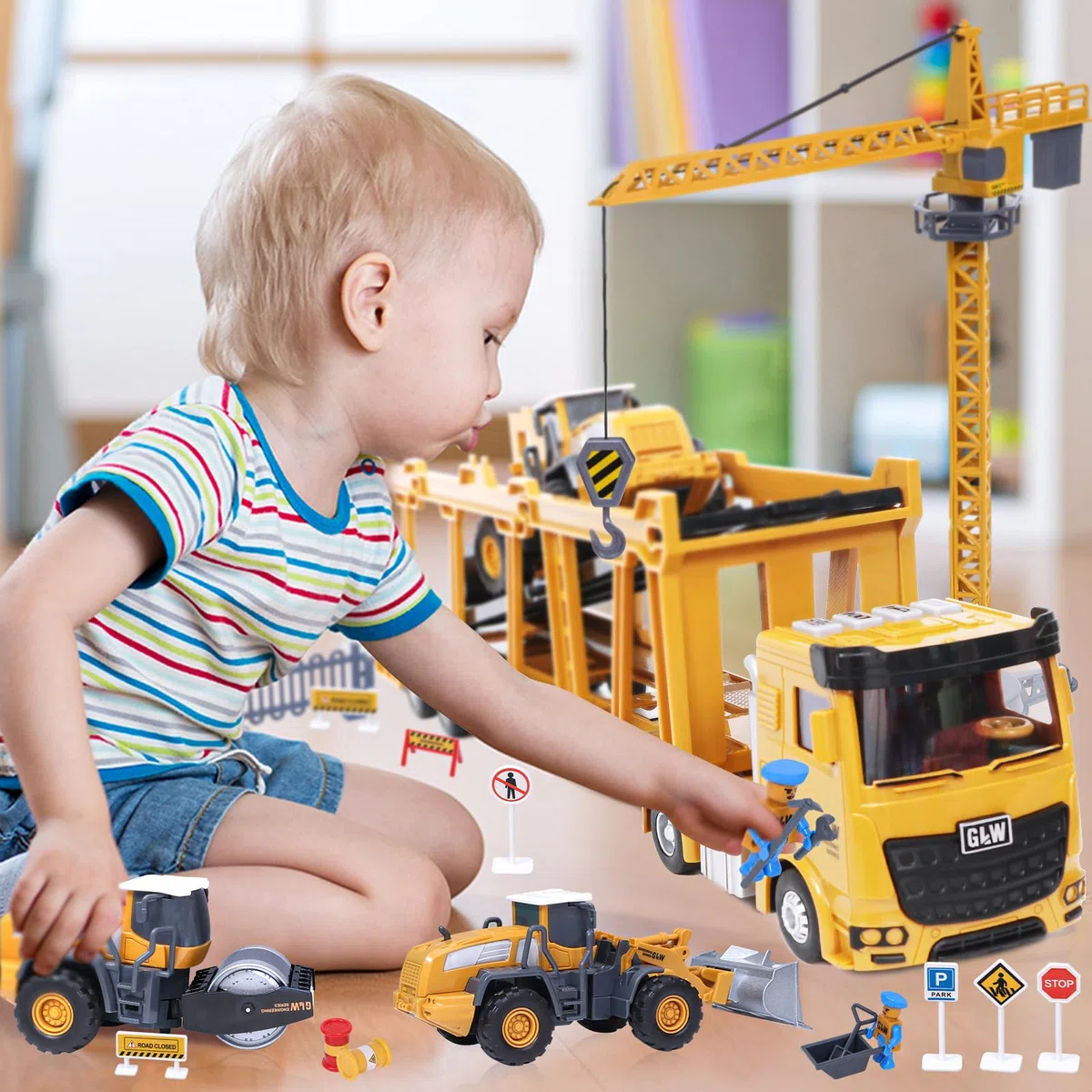 Véhicule Chantier Jouet Enfant avec Camion de Construction, Grue à Tour, Bulldozer, Rouleau compresseur, Chariot élévateur, Véhicules de Construction Grand Camion Cadeau Enfant Garçon 3 4 5 6 7 ans