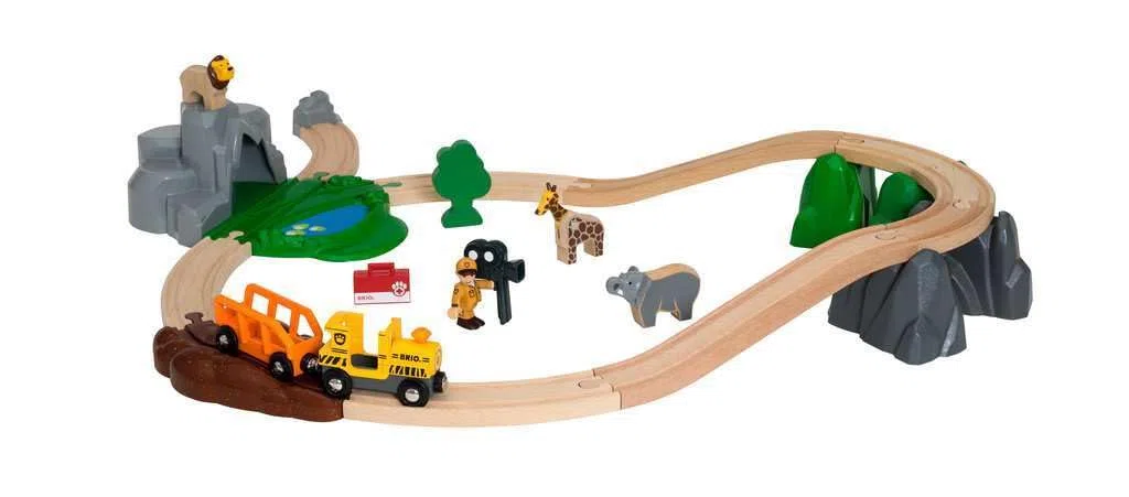 Brio World - 33960 - Circuit Reportage Safari - Coffret complet de 26 pièces avec animaux sauvages - Circuit de train en bois - Jouet mixte à partir de 3 ans
