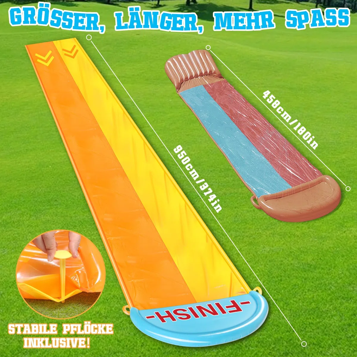 BuzzoXerex 31,16ft/950cm Toboggan Aquatique, 1.55m Toboggan pour Pelouse Double Toboggan à Eau avec 2 Planches Gonflables pour Pelouse et Jeux d'eau en Extérieur