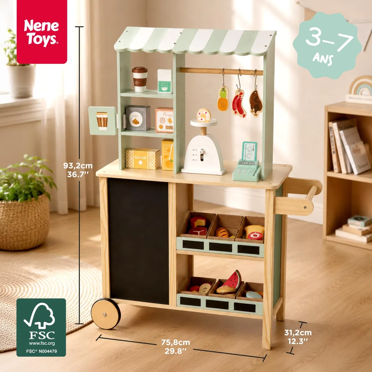Nene Toys Marchande Enfant en Bois – Stand Marchande / Épicerie Tout-en-Un avec Caisse enregistreuse, Balance, Ardoise, Bacs inclinés & Roulettes – Côté réversible avec Four – Jouet 3–7 ans