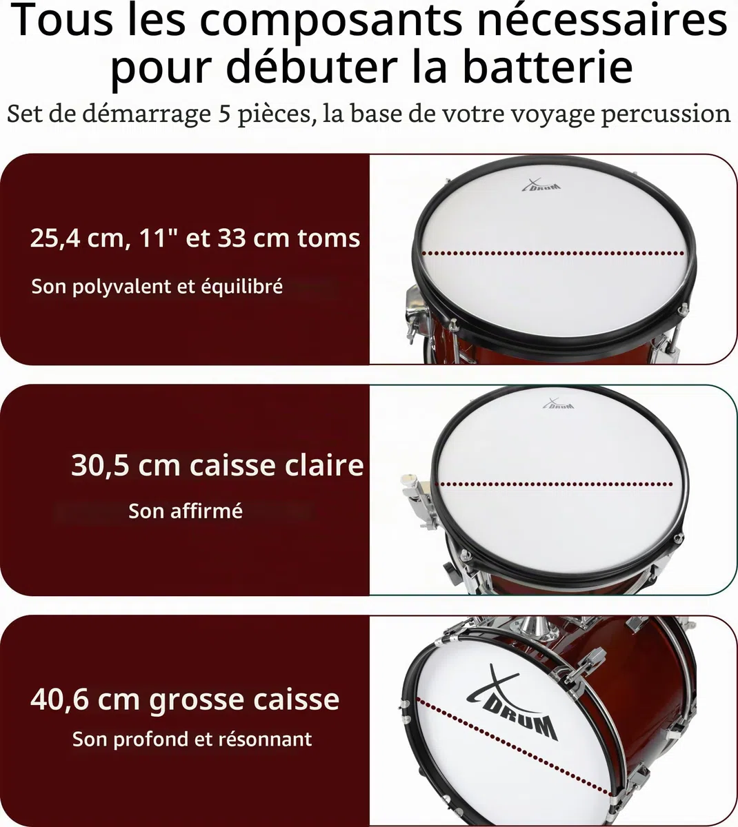 XDrum Junior Pro Batterie Enfant Rouge incl. École, Batterie composée de | Matériel 5 pièces simple, Grosse caisse 16", Pédale, HiHat 10", Caisse claire 12", Deux toms 10" et 11", Tom basse 13"
