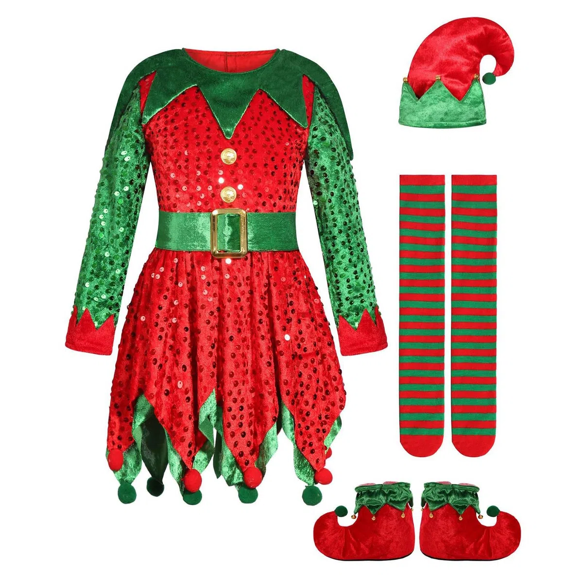 Generisch Costume de Père Noël pour enfant fille - Vert - Costume de fée - Pour festival, fête, performance, cosplay, Noël