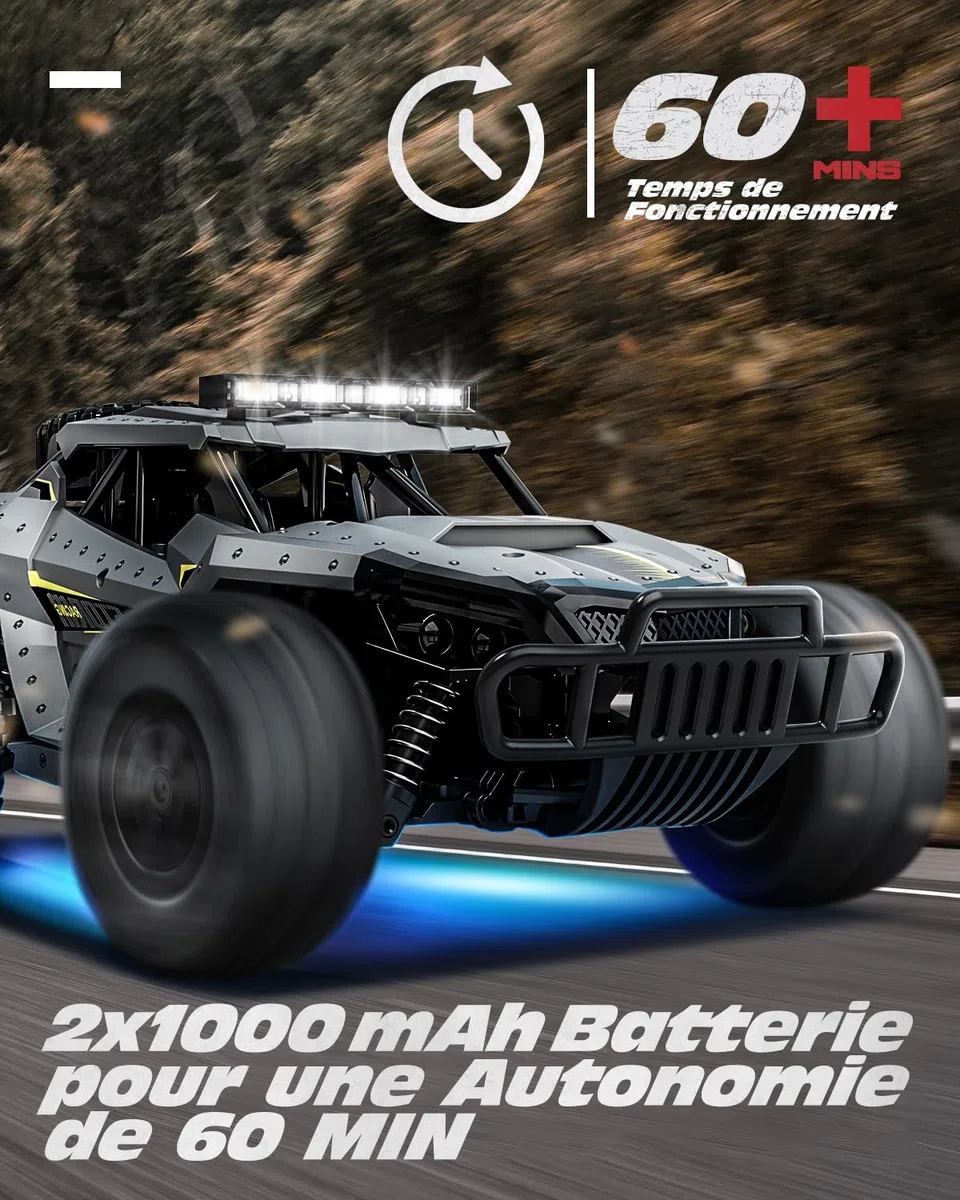 Tecnock Voiture Télécommandée 2,4GHz 1/16 RC Tout-Terrain - Jouet électrique avec 2 Piles, 60 Min de Lecture et Phare LED - Cadeau pour Enfants et Adultes