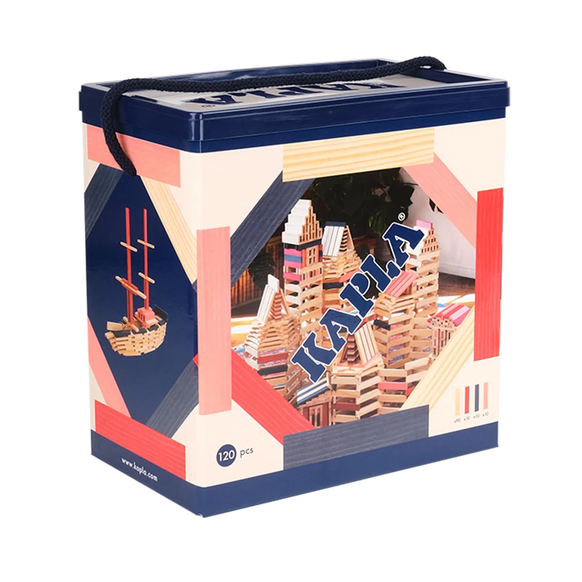 KAPLA - Jeu de Construction avec 120 planchettes en Bois colorés (Nature, Rouge, Rose, Bleu Foncé), Jouet en Bois, dès 2 Ans