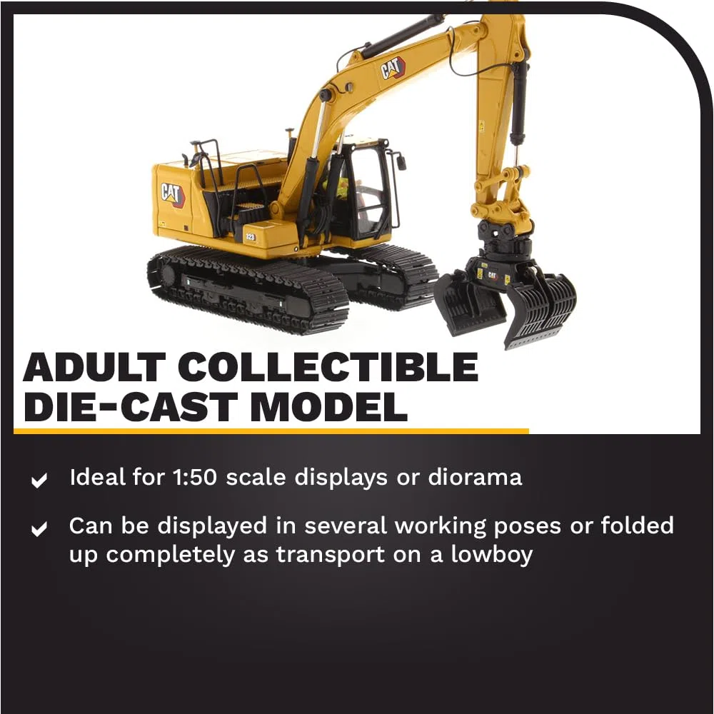 Diecast Masters 85657 - Pelleteuse Caterpillar avec 4 Outils 323 Hex, échelle 1:50, env. 9,5 x 3,4 x 4,6 cm, dès 14 Ans, Jaune