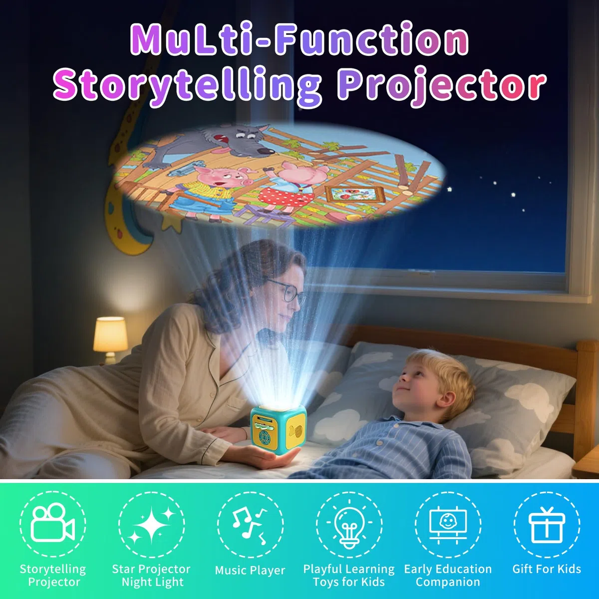 Projecteur d'histoire pour enfants avec musique et veilleuse – Machine de rêve de livre d'histoires avec 5 histoires, berceuses apaisantes, jouet éducatif pour filles et garçons à partir de 3