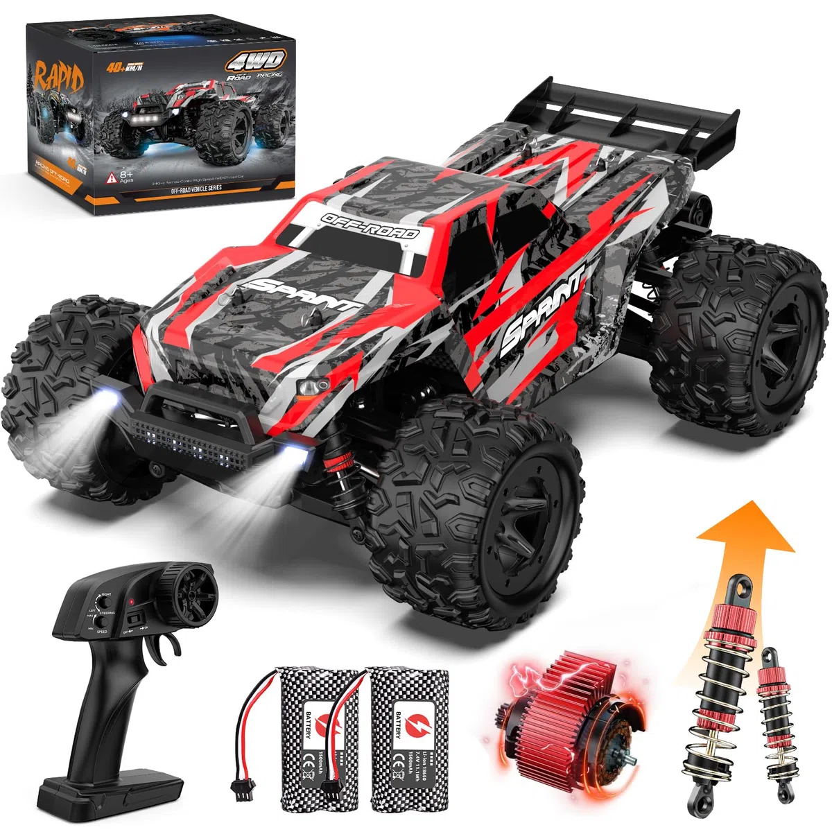 Voiture Télécommandée 40 KM/H, 1:18 Voiture Télécommandée Tout Terrain avec LED, 4WD Voiture RC Drift Car Rapide, 2,4 GHz Buggy Telecommande avec Batterie pour Adulte Fille Garcon Enfant