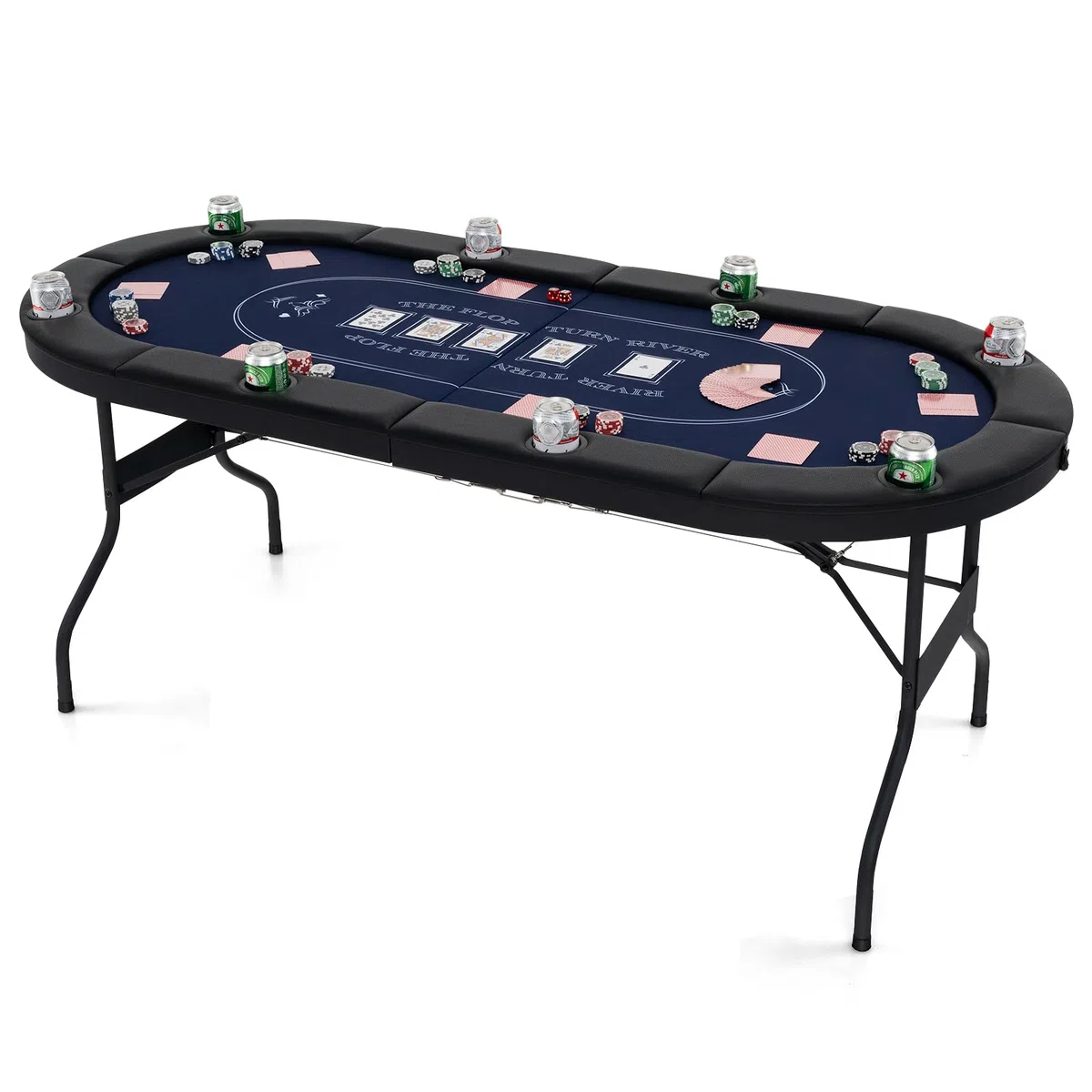 GOPLUS Table de Poker Pliable 8 Joueurs, Table de Jeu de Société 182 cm, 8 Porte-gobelets en Métal, Rampes Rembourrées, Table de Blackjack Texas Hold'em, pour Soirée en Famille (Bleu)