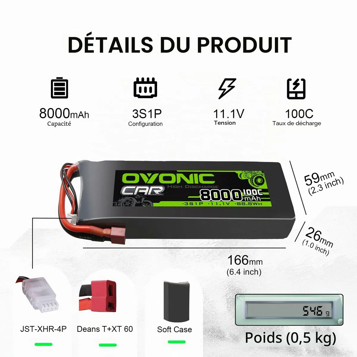OVONIC Batterie Lipo 3s 8000 mAh 11,1 V 100 C avec connecteur T pour RC Truck Truggy