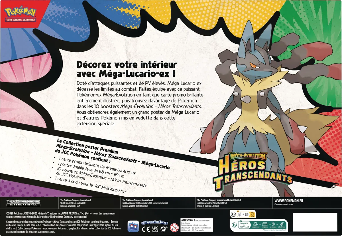 Pokémon : Collection Poster Premium Méga-Évolution – Héros Transcendants – Méga-Lucario (1 Carte Promo Brillante, 1 Poster Double Face et 10 boosters)