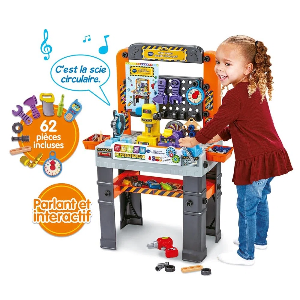 VTech - Mon Super Établi Interactif, Bricolage Enfant, Jeux Éducatifs, Jeu de Construction Autonome, 96 Pièces et Accessoires de Jeu, Cadeau Garçon et Fille de 3 Ans à 7 Ans - Contenu en Français