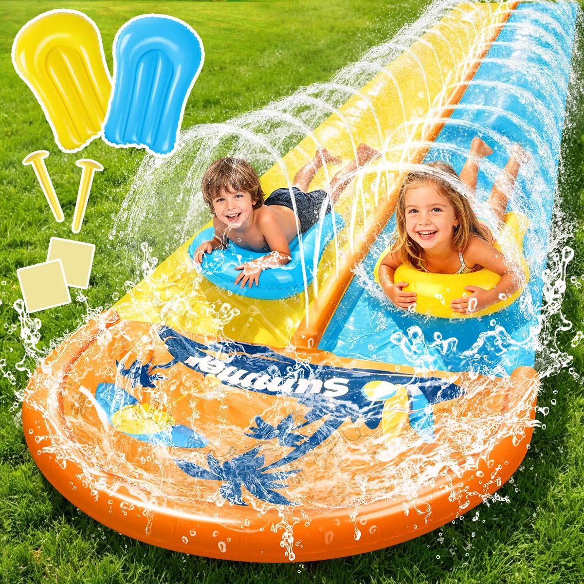 JONRRYIN 950cm Toboggan Aquatique, 155cm Toboggan de pelouse avec Arroseur Doubletoboggan à Eau avec 2 Planches Gonflables pour Pelouse et Jeux d'eau en Extérieur