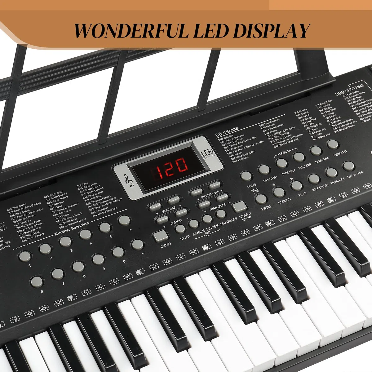Bonnlo GEP-110S01 Piano Numérique 61 Touches, Clavier avec Support et Tabouret de Piano, Haut-Parleurs Intégrés, Casque, Microphone, Pupitre, écran LED, 3 Modes d'Apprentissage, Noir