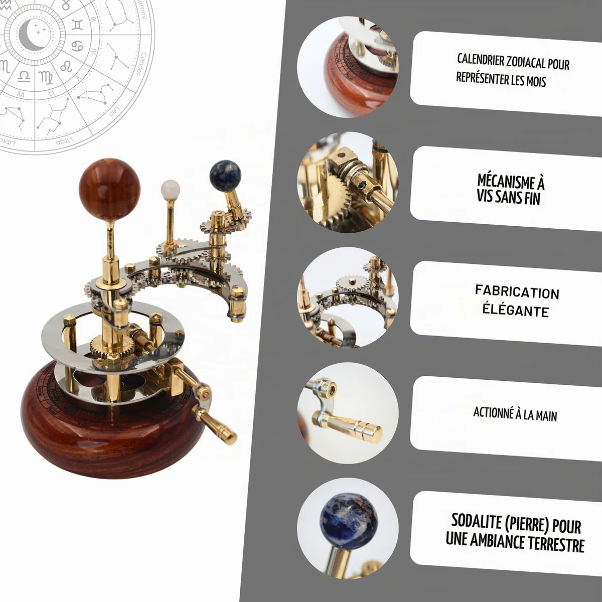 Modèle de système solaire | Orrery d'astronomie éducative et décorative | Planétarium mécanique en laiton de qualité supérieure (Terre et lune de 20,3 cm)