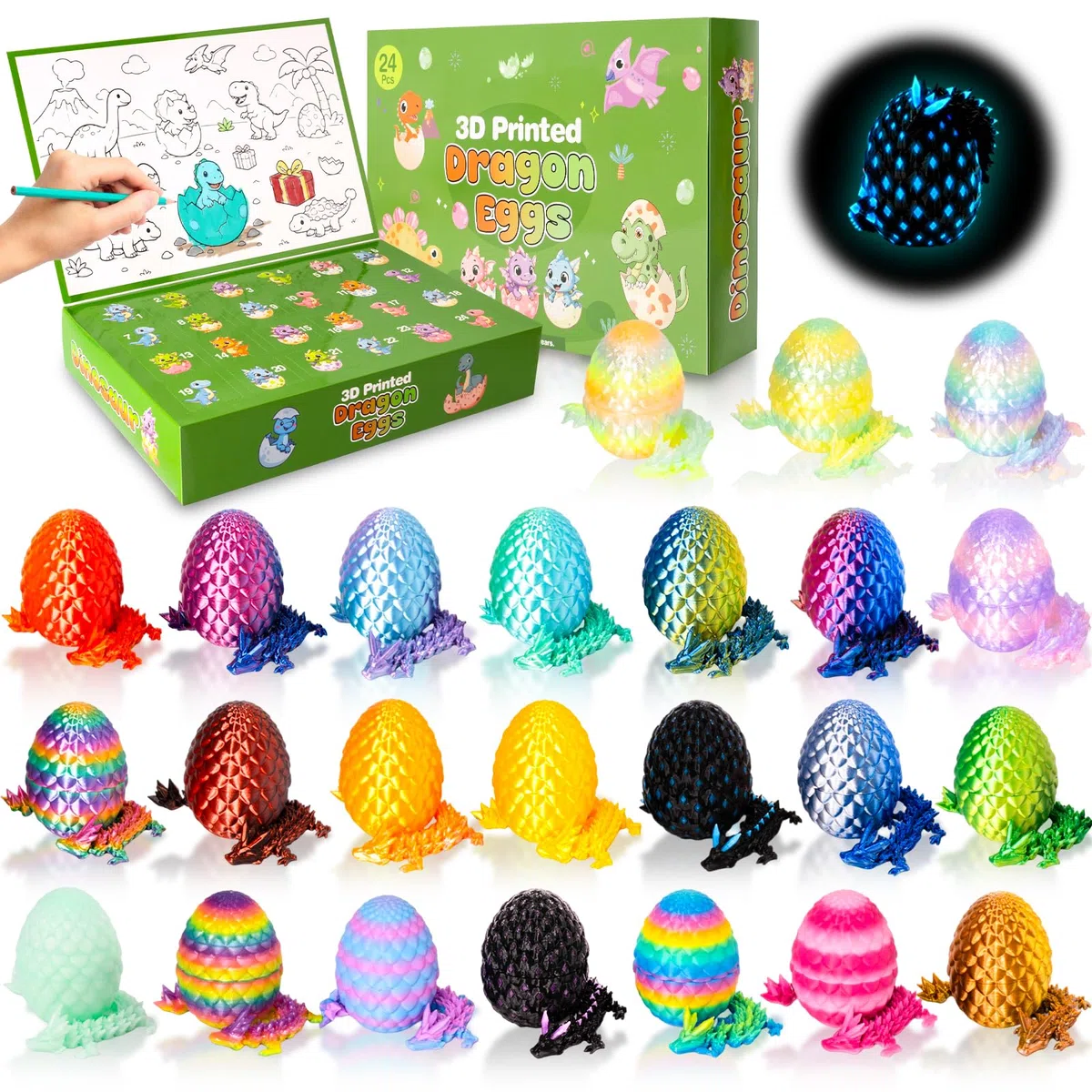 Calendrier de l’Avent Dinosaure 2026, 24 Œufs de Dragon 3D avec Figurines Articulées, 20 Modèles + 4 Cachés Lumineux, Jouet Créatif Cadeau Noël Enfant