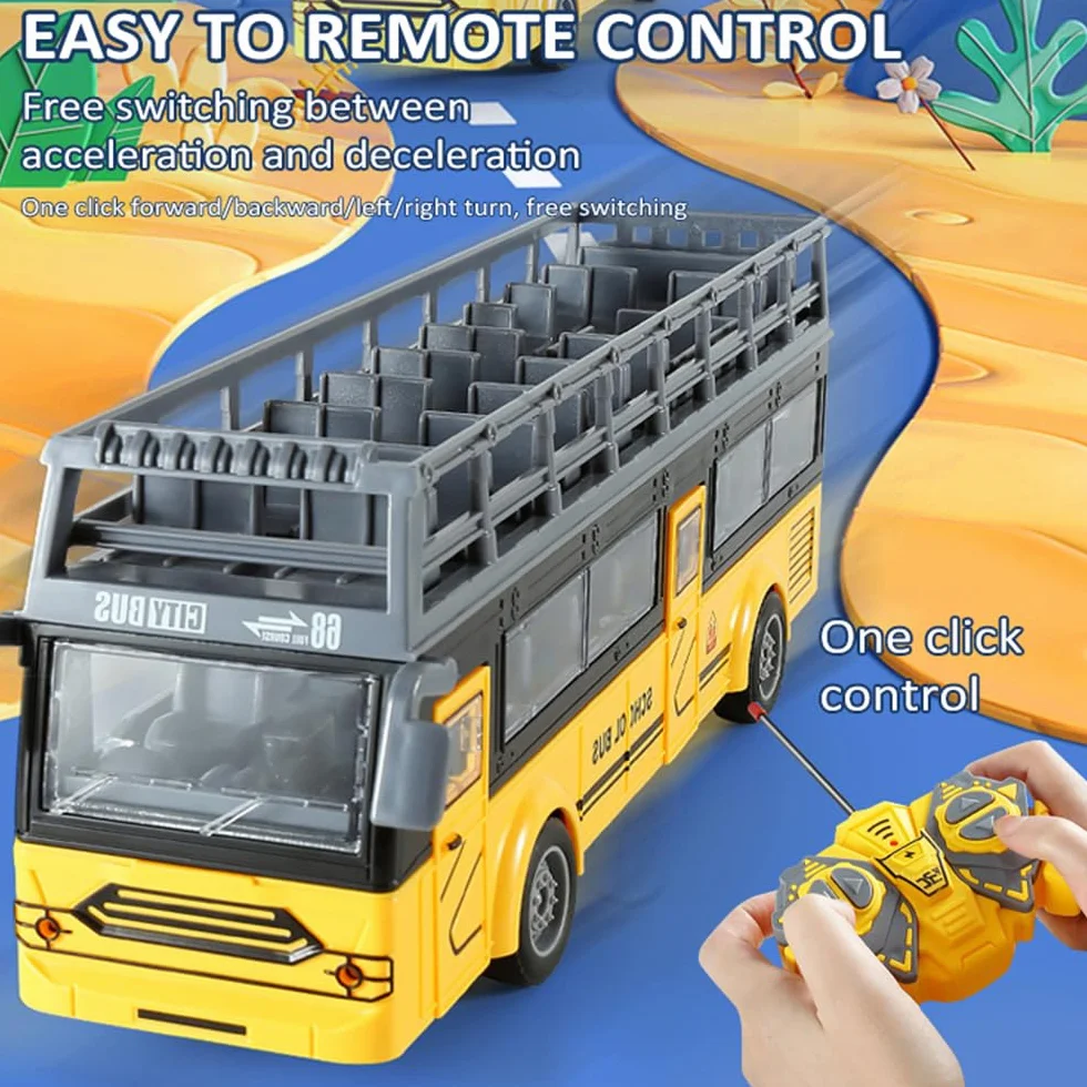Bus télécommandé, RC Bus Voiture télécommandée 1/30 4CH avec Musique légère, Porte ouvrante, Bus Jouet d'interaction Parent-Enfant