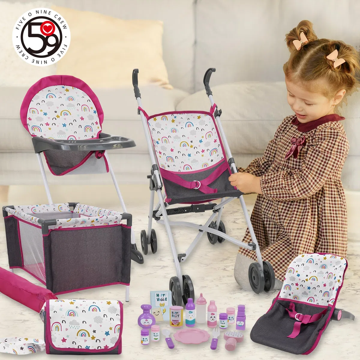 509 Crew 21 Piece Doll Stroll n Play & Care Combo Set, Doll Stroller, Doll Playard, Doll High Chair Set, Carry Cot, Diaper Bag, Feeding and Grooming Accessories, Ages 3+
