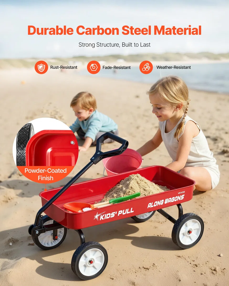 VEVOR Chariot à Tirer Enfants 101 cm Chariot Tout-Terrain Tout-Petits Métal, Charge 80 kg, pour Cadeau d'anniversaire Enfants, Jardinage, Plage, Camping, Aventures en Plein Air, avec Poignée, Rouge