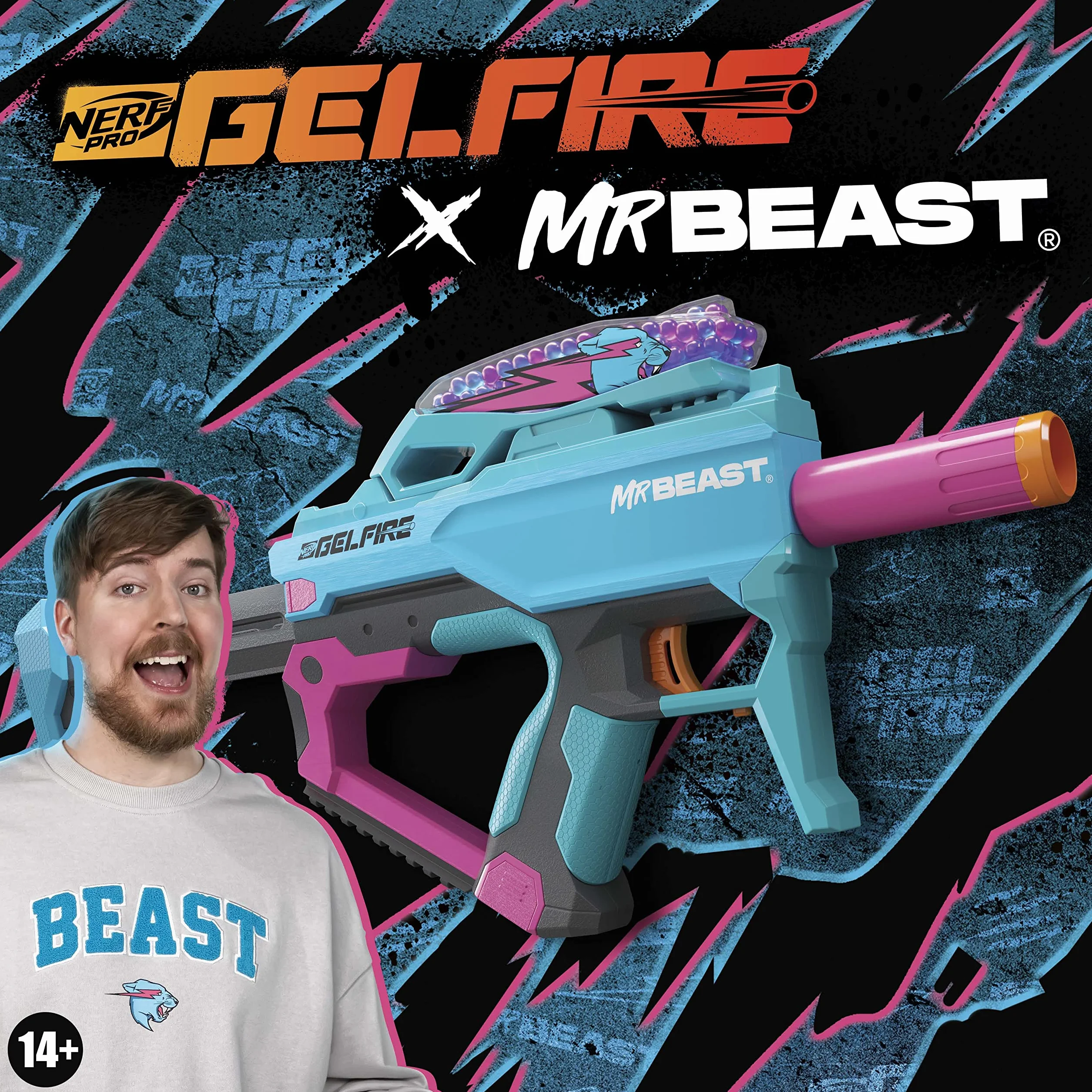 Nerf Pro Gelfire X MrBeast Blaster, 1600 Gelfire Rounds, 300 Round Hopper, Batterie Rechargeable, Lunettes