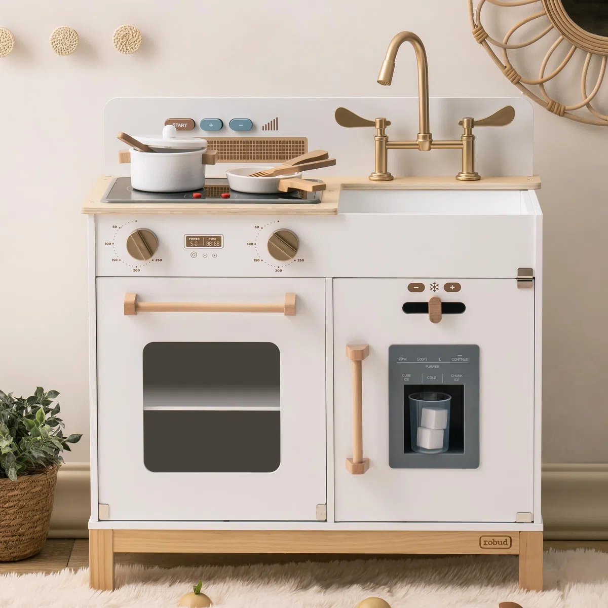 ROBUD Cuisine en Bois pour Enfants, Style Moderne, Blanc et Or, avec Four, Évier et Réfrigérateur, Accessoires de Cuisine Inclus