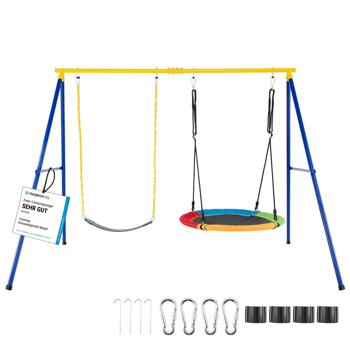 COSTWAY Portique Balançoire Extérieur en Métal avec 2 Balançoires, Balançoire Enfant Extérieur avec Cadre en Forme A & Cordes Réglables, Charge Max 300kg pour Adulte et Enfant de 3 Ans+