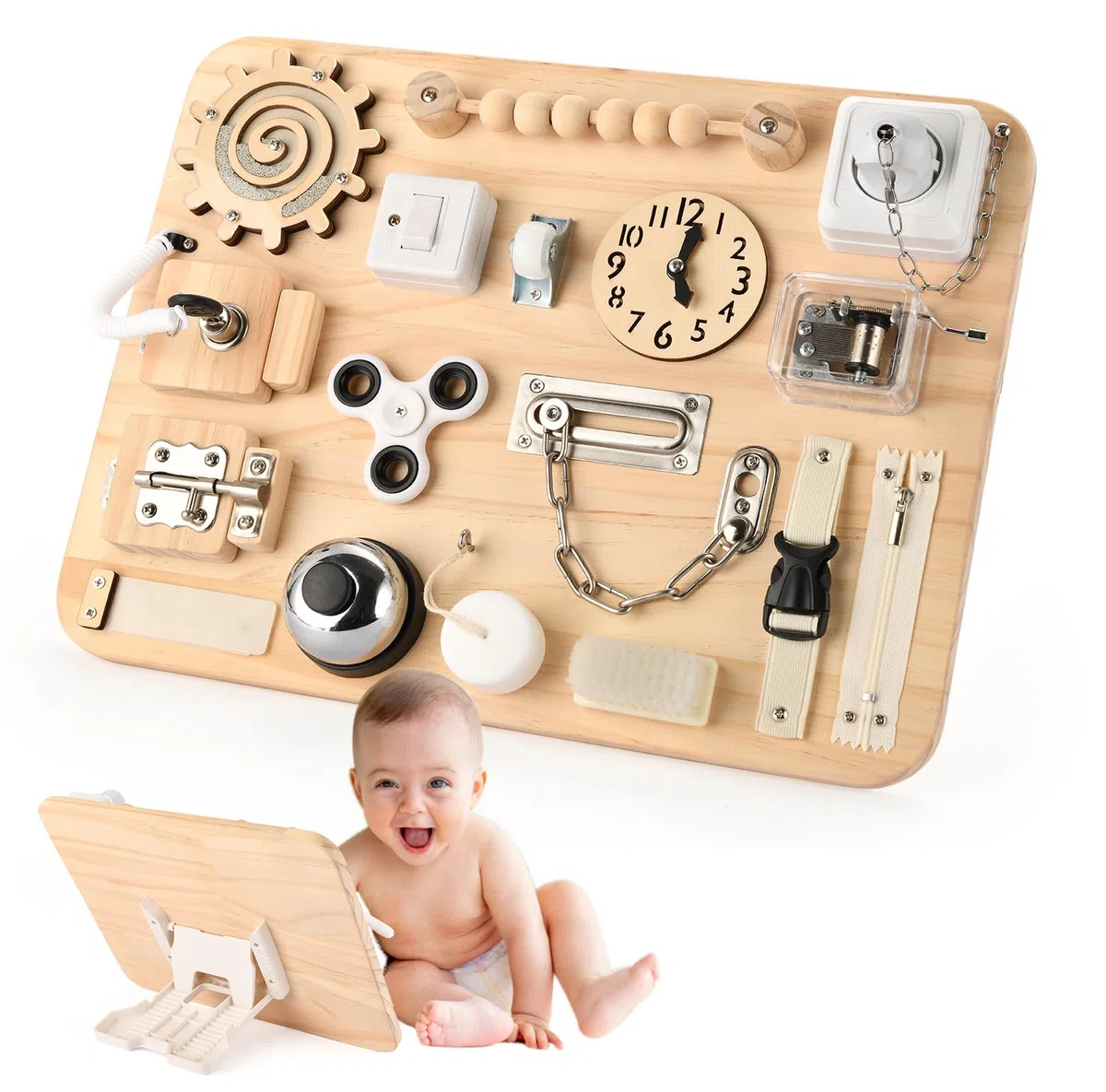 Potatomato Grande planche d'activités pour tout-petits - Jouets sensoriels en bois Montessori pour enfants de 1 2 3 4 ans - Jouets fidget pour enfants autistes - Activités d'apprentissage préscolaire