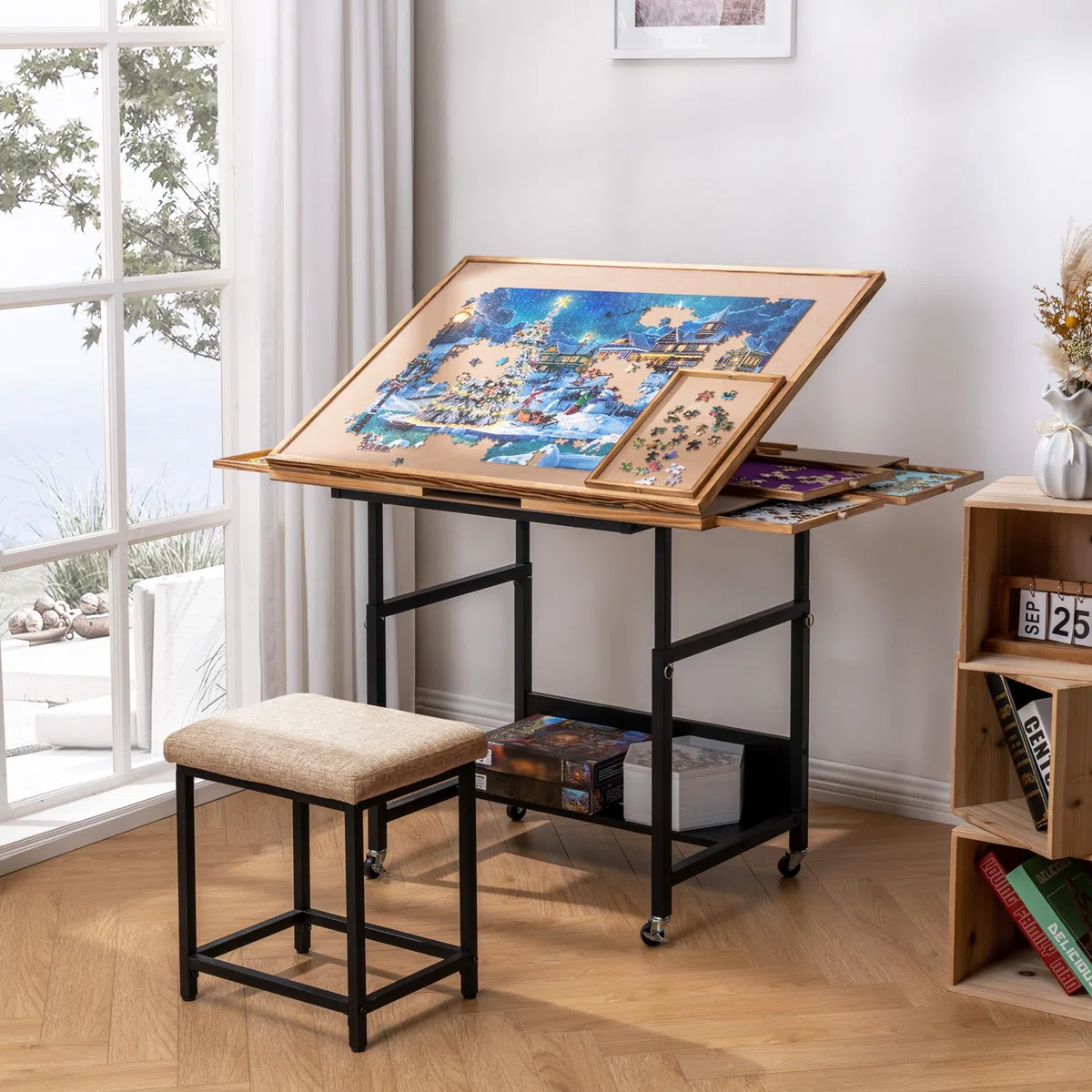Becko US Table de puzzle avec tiroirs et couvercle, chevalet inclinable avec hauteur réglable jusqu'à 1500 pièces, fermée avec 4 roues