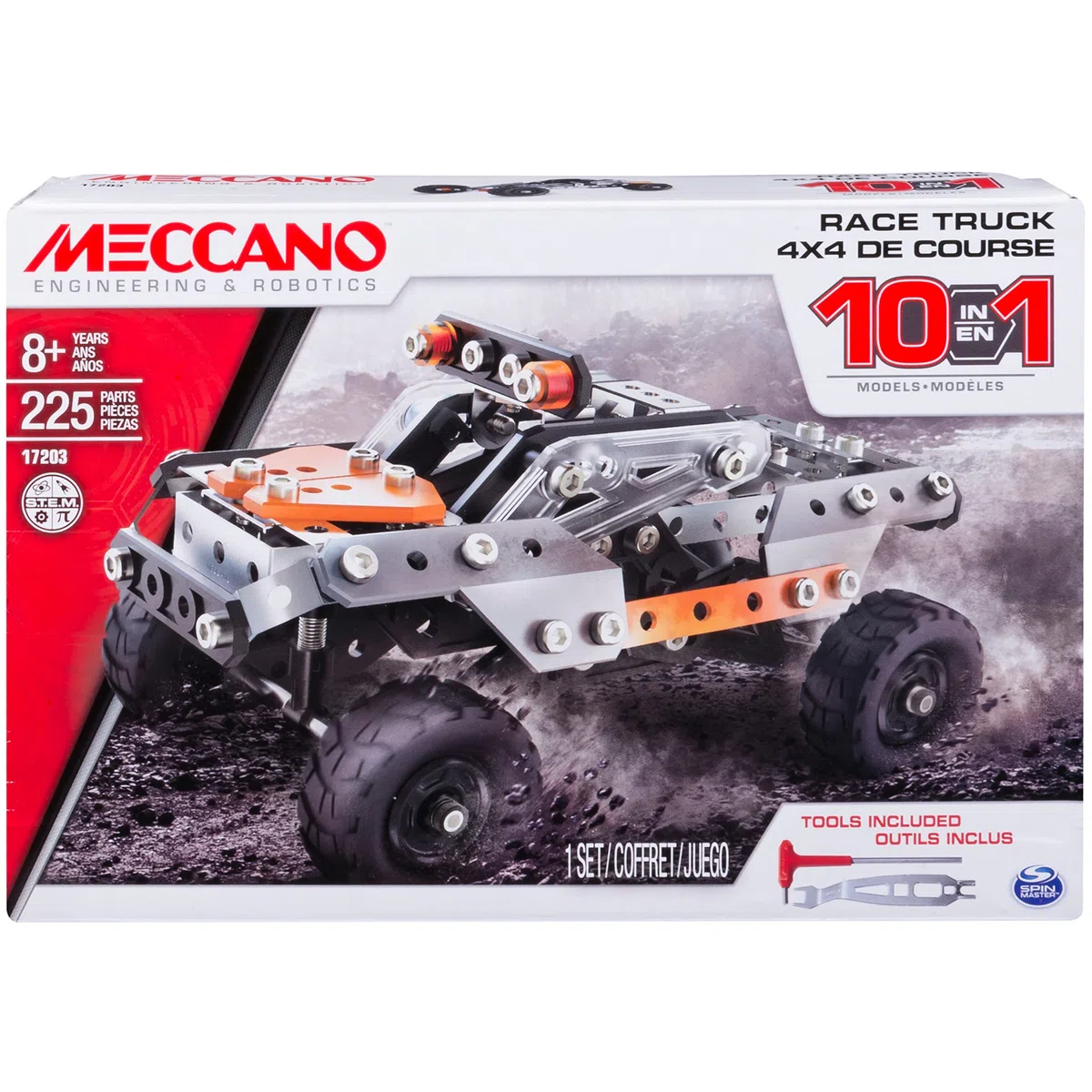 MECCANO - 4X4 SUV DE Course 10 MODÈLES - 10 Modèles Différents de Véhicules A Construire avec Direction et Suspensions - 225 Pièces Et 2 Outils - Jeu de Construction - Jouet Enfant 8 Ans et +