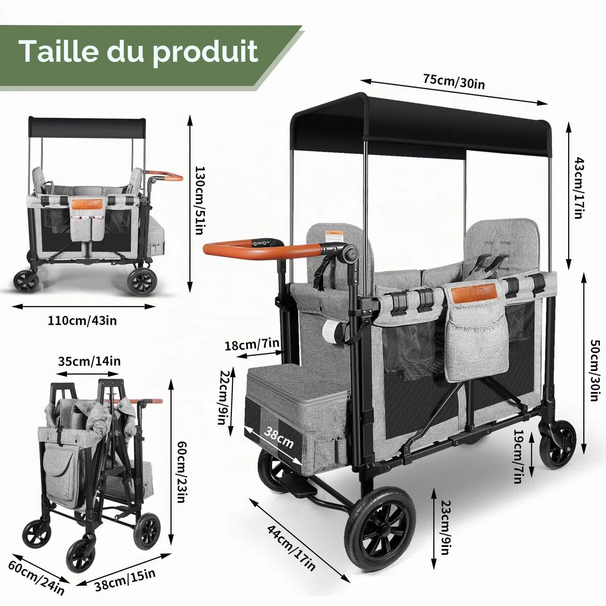 Chariot de poussette pliable pour 2 enfants, avec 2 sièges hauts avec harnais à 5 points et auvent réglable, parfait pour le jardin, le camping, le chariot d'épicerie