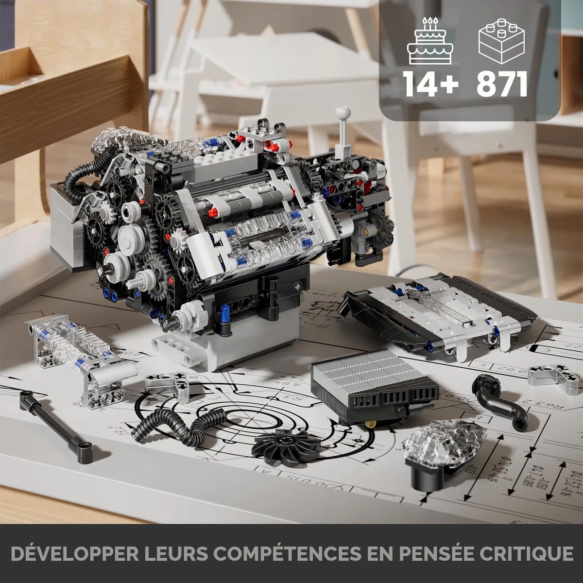 Mould King 10230 - Modèle de blocs de construction de moteur technique - Kit de modélisation de moteur pour adultes - Moteur à essence MOC comme jouet/cadeau/objets de collection (871 pièces)