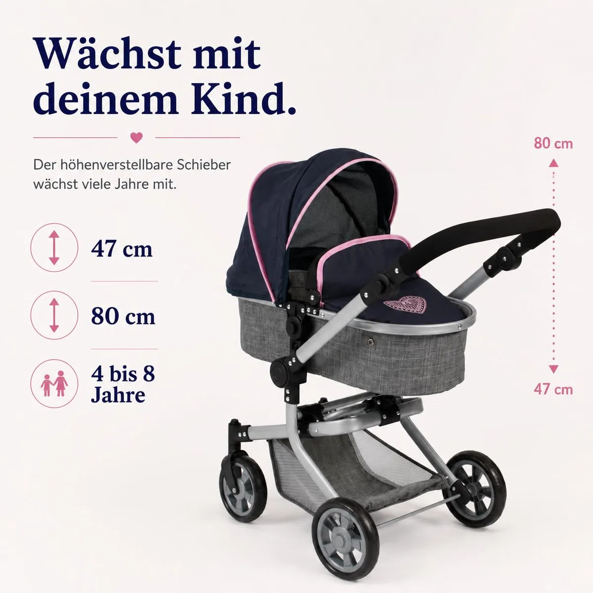 Bayer Chic 2000 Poussette poupée Mika 2 en 1 Pliable et réglable | Poussette poupée 2 en 1 pliable avec poignée réglable (47-80 cm), pour poupées jusqu'à 52 cm.