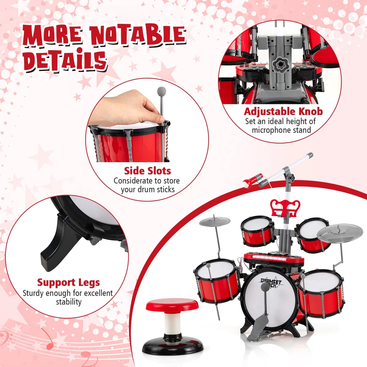 KOMFOTTEU Batterie de Jazz pour Enfant de 3 Ans+, avec Microphone, Ensemble de Batterie avec Tabouret, 5 Tambours, 2 Baguettes, 8 Touches, Connecteur MP3, Instrument Musique pour Enfant